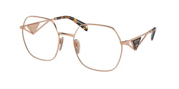 Das Bild zeigt die Prada Brille 59ZV in Roségold leicht schräg von der Seite.